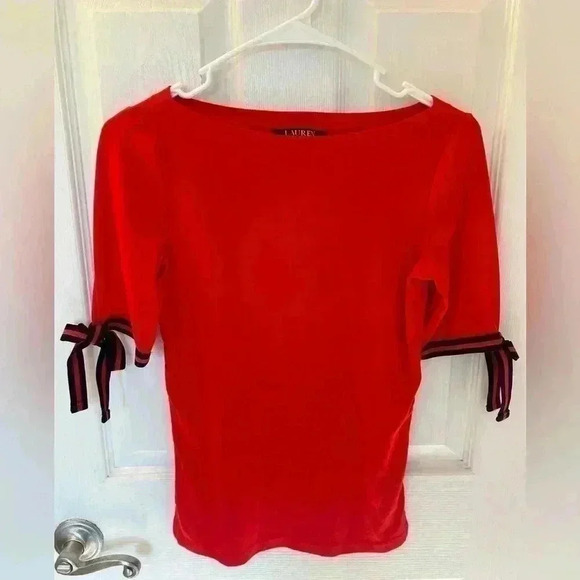 Lauren Ralph Lauren bright red top with bow sleeves. Size Small. - Picture 1 of 7